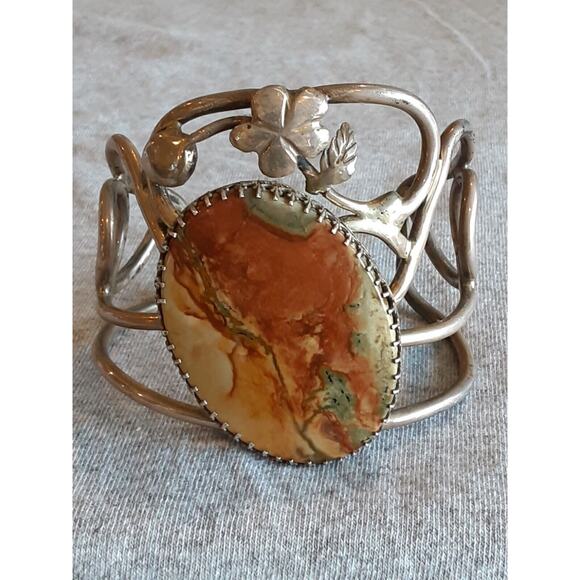 Large Polished Jasper Stone Bracelet Sterling Signed Bill...